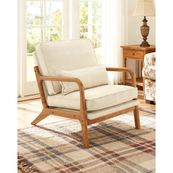 Karl home Accent Chair Mid-Century Modern Chair with Pillow Linen Fabric Upholstered Lounge Arm Chair with Solid Wood Frame & Soft Cushion for Living Room, Bedroom, Balcony, Beige