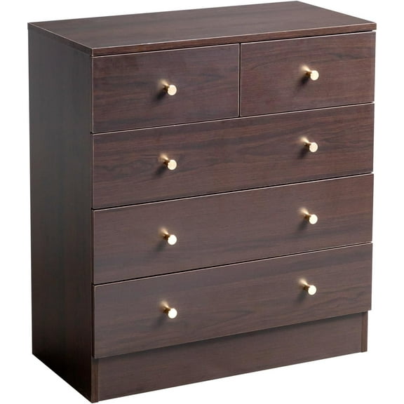 Karl home Brown 5 Drawer Dresser for Bedroom, Modern Wood Dresser Chest of Drawers, Rustic Bedroom Dressers Clothes Organizer, Anti-Tipping Device, Rose Gold Metal Handle, Living Room, Office