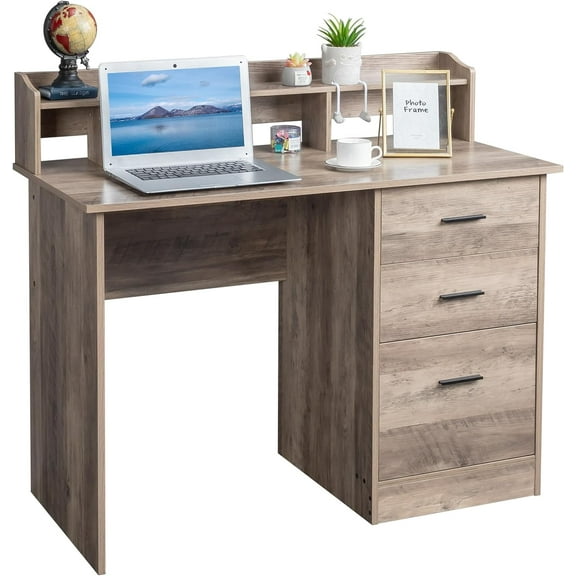 Karl home Grey Computer Desk with Drawers & Hutch, Modern Home Office Desks with Storage for Kids Students Teens, Small Wood Table for Work Study Gaming Writing, PC Laptop Workstation