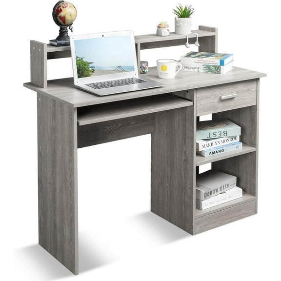 Karl home Grey Computer Desk with Drawers & Hutch, Modern Home Office Desks with Storage for Students Teens, Small Wood Table for Work Study Gaming Writing, PC Laptop Workstation
