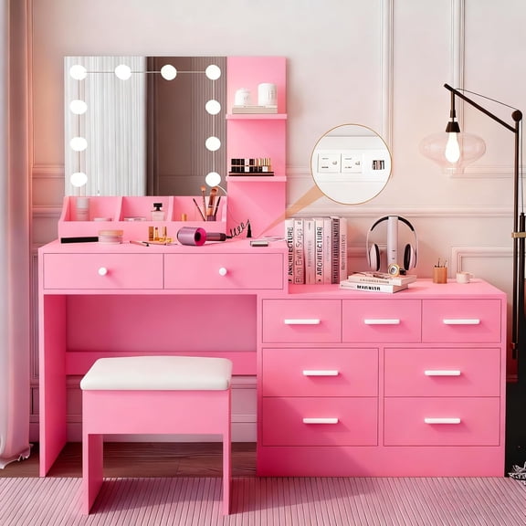 Karl home Makeup Vanity Desk Set with Mirror & Power Outlet, Dressing Table with 3 Adjustable LED Lights, Large Vanity Table with 9 Drawers & Storage Shelves for Bedroom, Light Pink