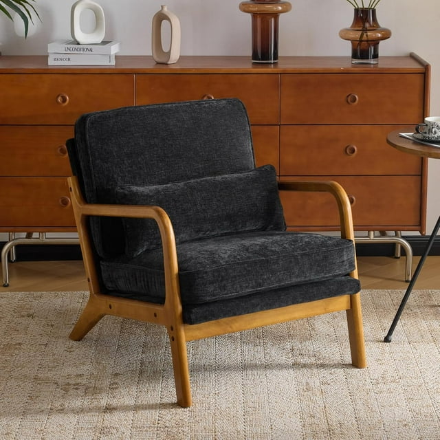 Karl home Mid Century Modern Accent Chair with Lumbar Pillow & Oak Arms