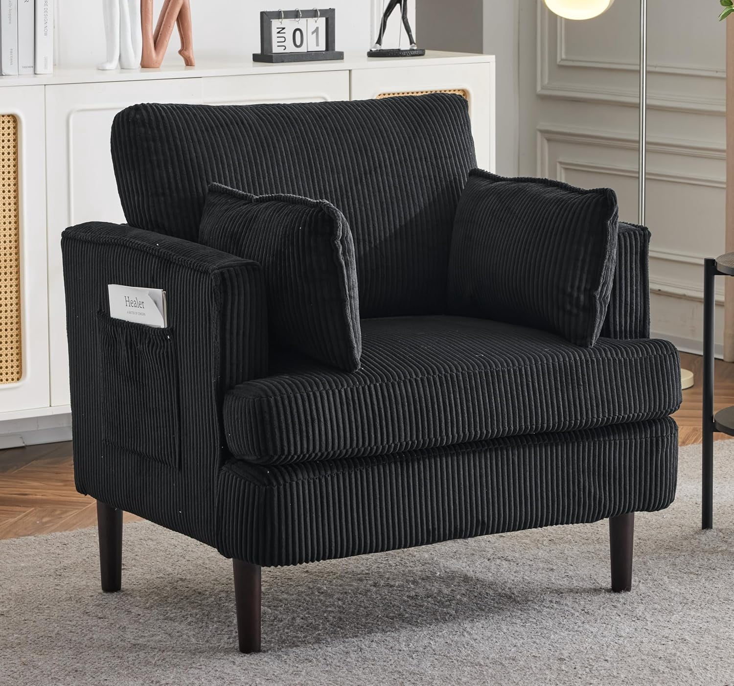Teddy Fabric Barrel Accent Chair - Modern Furry Club Chair With Side Pocket For Living Room, Bedroom, Small Spaces (Black) 3 thumbnail image