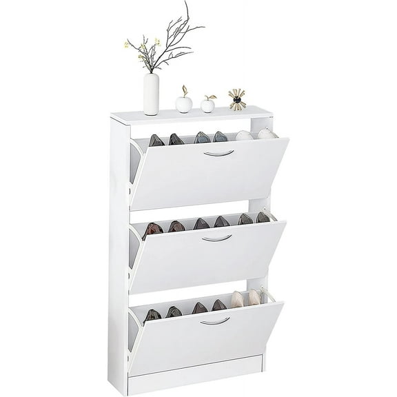 Karl home Narrow Shoe Cabinet for Entryway, Freestanding Shoe Rack with 3 Flip Drawers Doors, Adjustable Tipping Wood Hidden Storage Organizer for Hallway Apartment Foyer, White