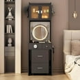 thumbnail image 1 of Karl home Small Makeup Vanity Desk with Mirror and Lights, Makeup Table with Charging Station & DIY Pegboards for Small Space, Compact Mini Vanity Set with Hidden Storage Stool for Bedroom, Black, 1 of 17