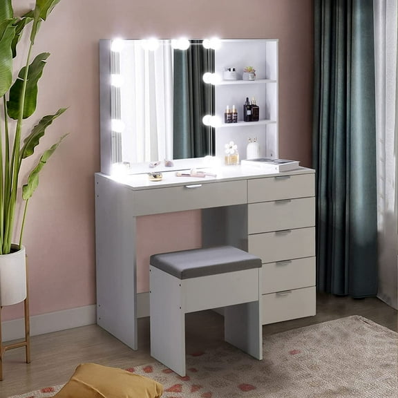 Karl home Vanity Desk with Sliding Mirror & Lights Makeup Vanity Table with 6 Drawers, Storage Shelves, Cushioned Stool, White Dressing Table with Adjustable Light for Women