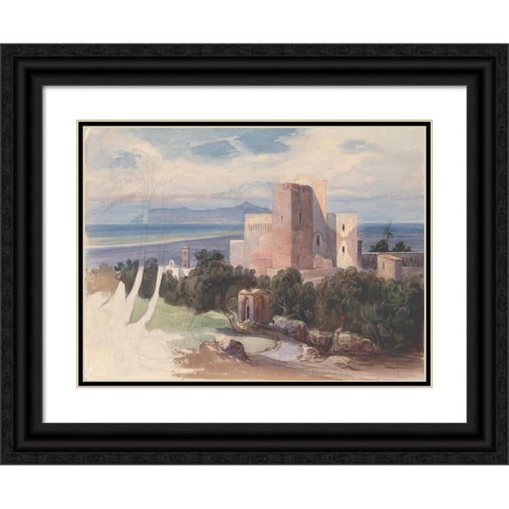 Karl von Blaas 14x11 Black Ornate Wood Framed Double Matted Museum Art Print Titled: View on Terracina with Mount Circeo (Mid-19th Century)