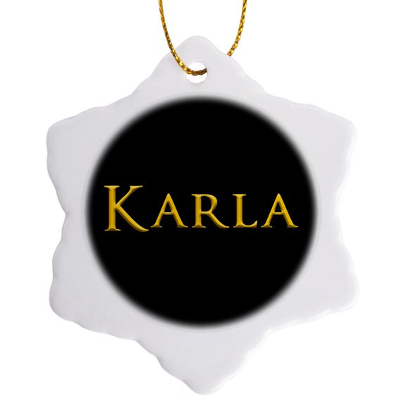 3drose, Karla Common Well Known Female Name in the Usa. Yellow, Black Gift, 3 inch Snowflake Porcelain Ornament