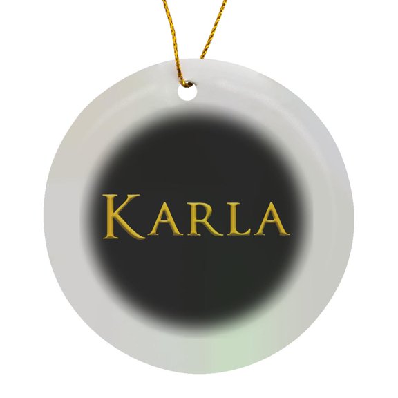 3drose, Karla Common Well Known Female Name in the Usa. Yellow, Black Gift, Circle Porcelain Ornament
