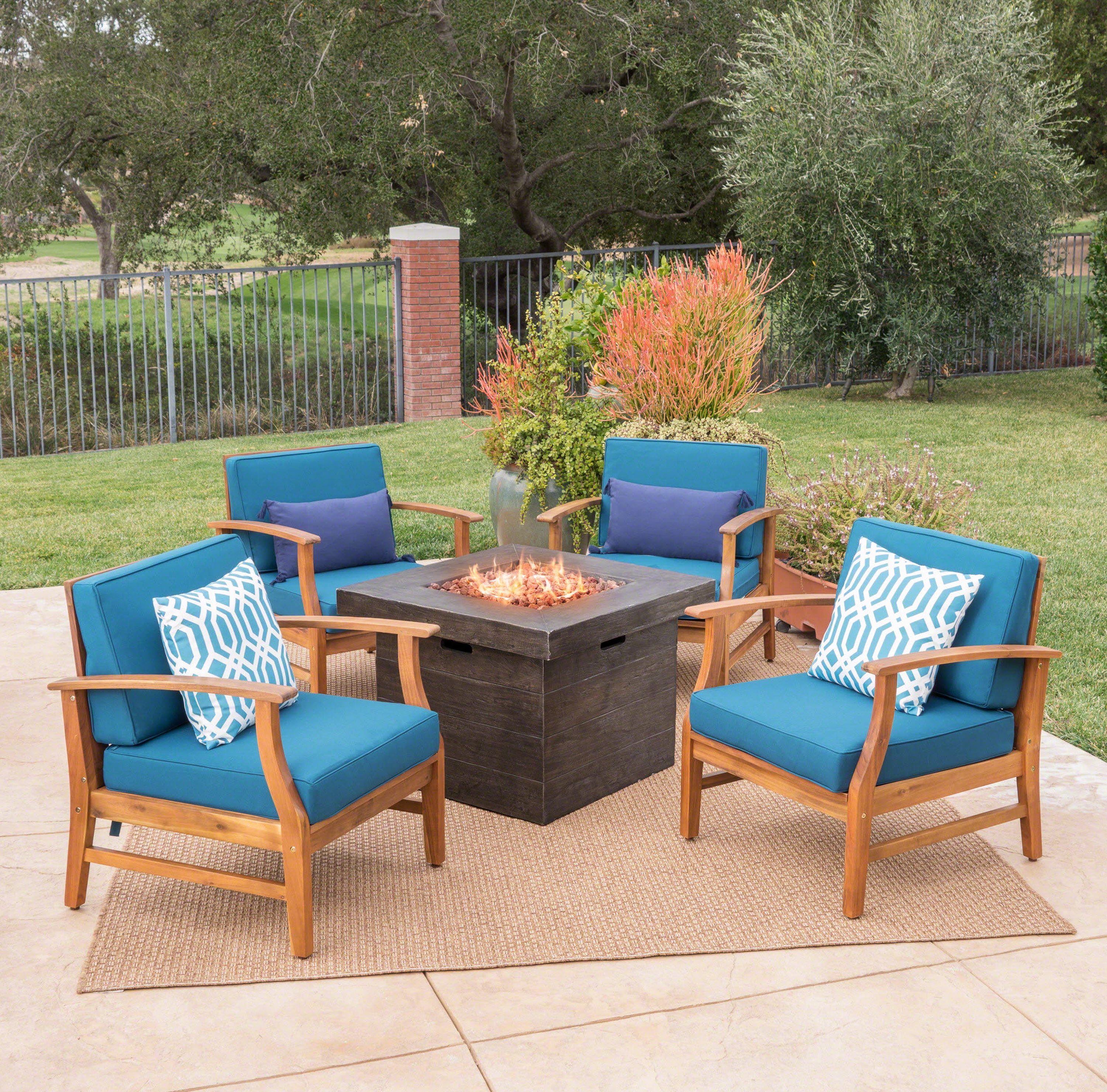 Karla Outdoor 4 Seater Acacia Wood Club Chairs with Cushions and Fire Pit,Brown,Teak,Blue