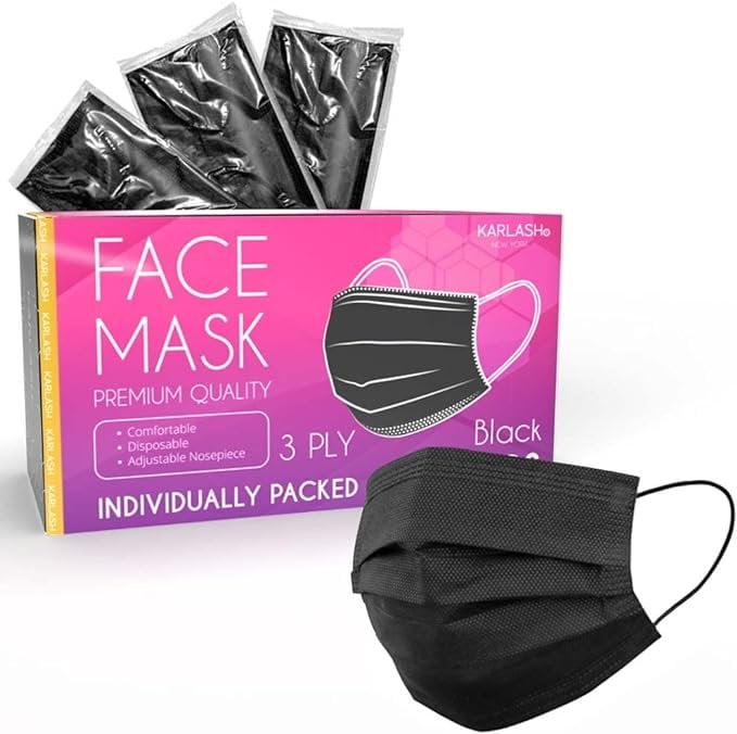 Karlash Black Mask 3Ply Disposable Face Mask Individually Wrapped with