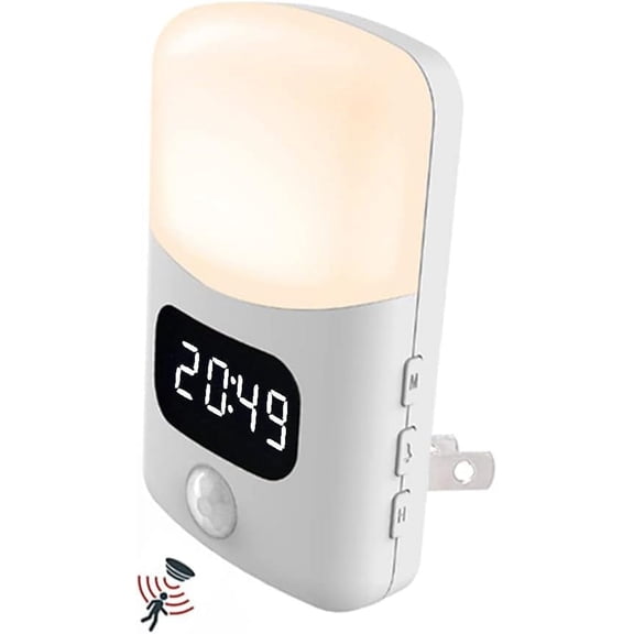 KarlunKoy 3 in 1 LED Night Light with Digital Bathroom Clock,Motion Actived,Alarm,Plug Into Wall,4000K Warm White for Bedroom,Hallway,Toliet,Stairs,Kitchen