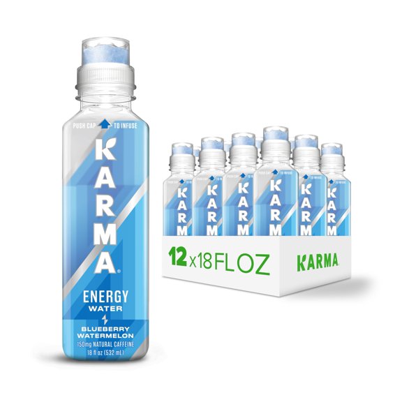 Karma Blueberry Watermelon Energy Water l Caffeinated Natural Energy Drink l Low Calorie Focus and Energy Boost, 18 Fl Oz (Pack of 12)