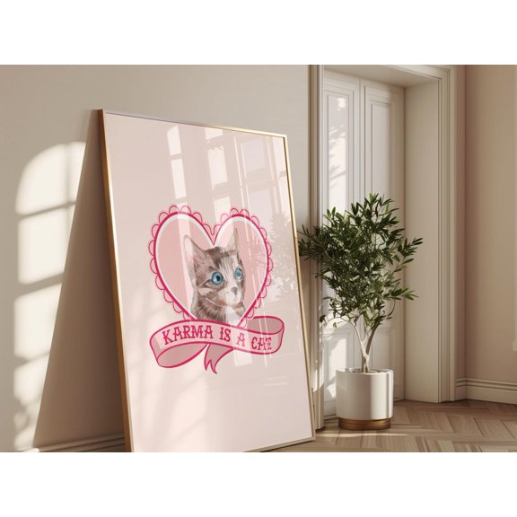 Karma Is A Cat Art Print - Cute Cat In Heart With Banner, Perfect Wall Decor For Cat Lovers, For Pink Themed Rooms Wall Art, Modern Wall Decor, 16x24 UNFRAMED