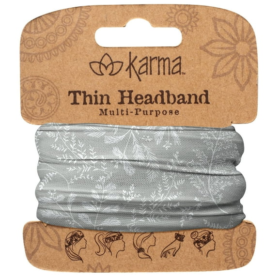 Karma Gray Leaves Headband for Women - Thin - Fabric Headband and Stretchy Hair Scarf - Grey