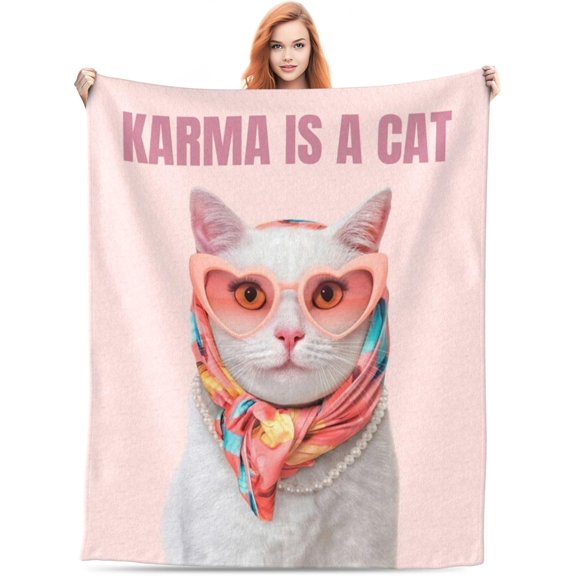Karma Is A Cat Throw Blanket for Couch, Soft Flannel Blanket for Fans Party Gifts, Bedroom Decorations Throw Blanket Gift Lightweight Air-Conditioning Blanket Warm Travel Blanket 50x60