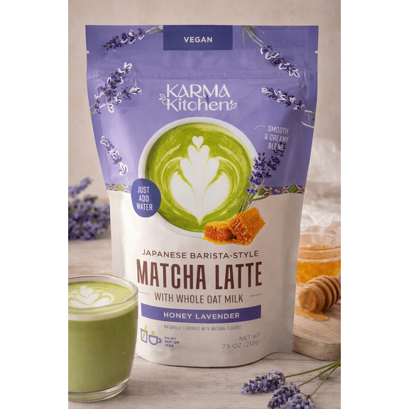 Karma Kitchen Japanese Barista-Style Matcha Latte Mix Honey Lavender With Whole Oat Milk Vegan Just Add Water 7.5 oz