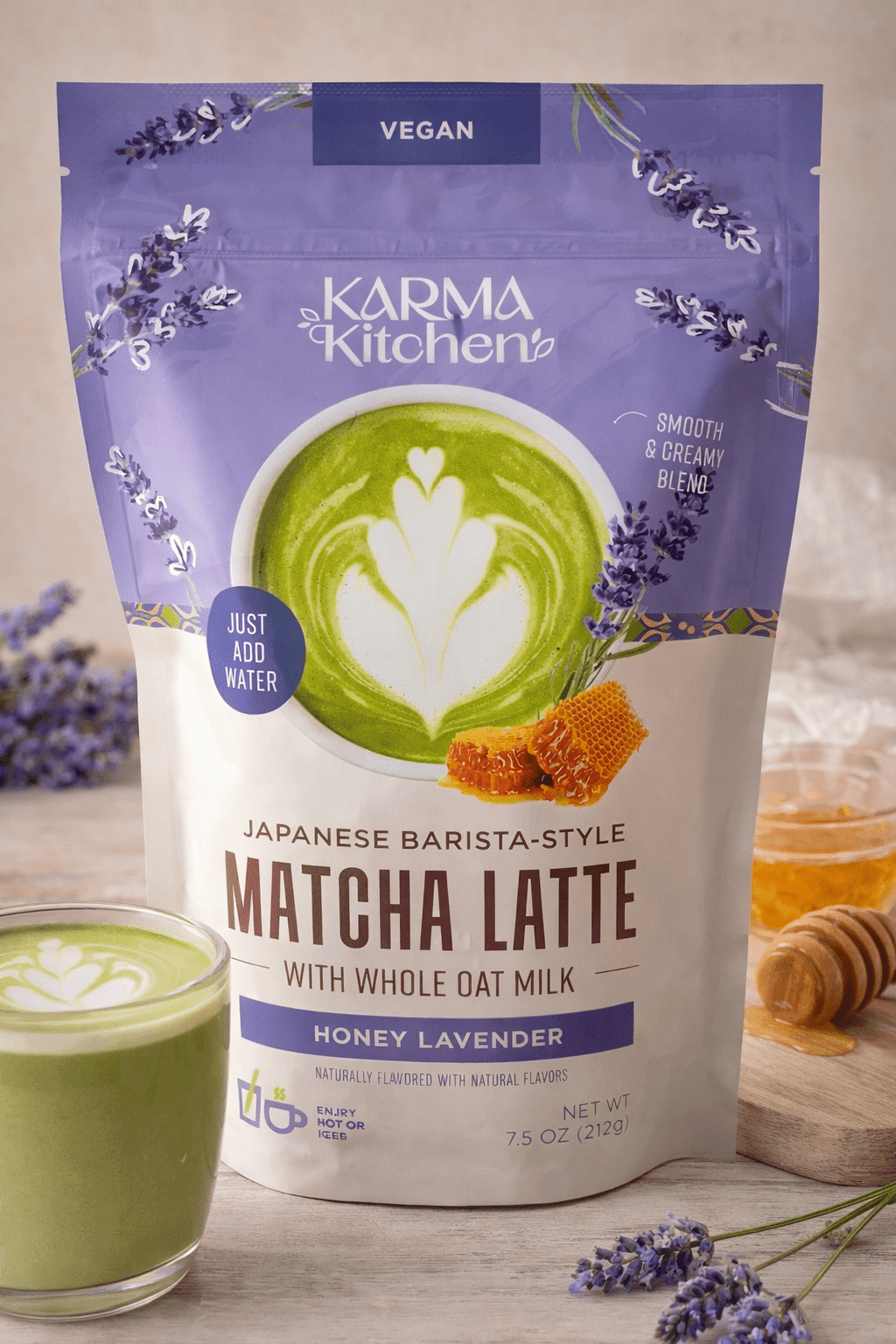 Karma Kitchen Japanese Barista-Style Matcha Latte Mix – Honey Lavender – With Whole Oat Milk – Vegan – Just Add Water – 7.5 oz
