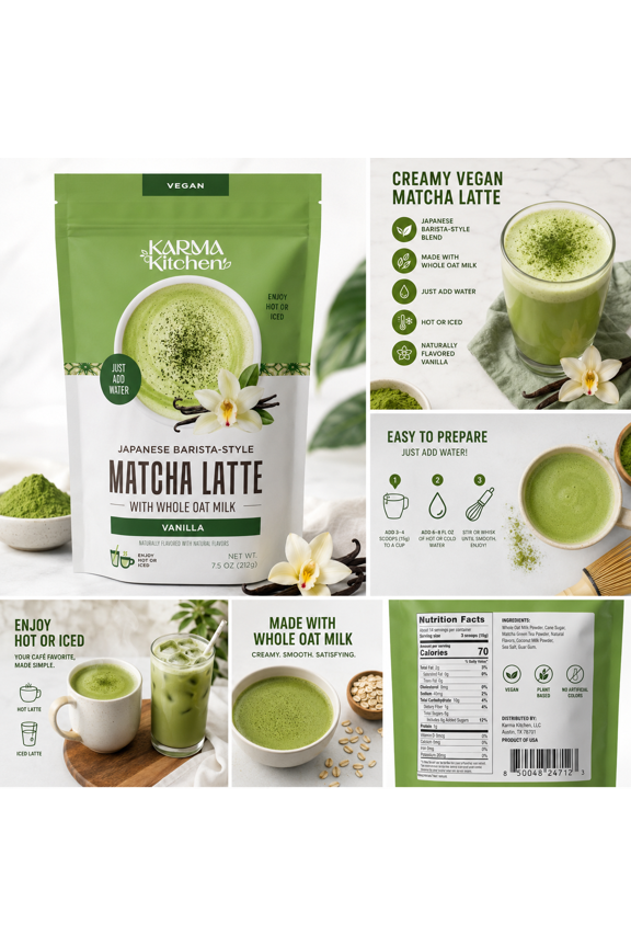 Japanese Barista-Style Matcha Latte with Whole Oat Milk Vanilla Powder Mix, Vegan, Just Add Water, 7.5 oz