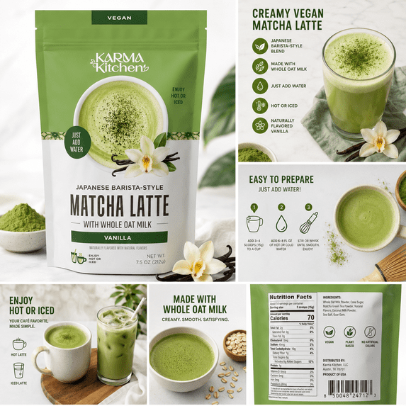 Karma Kitchen Japanese Barista-Style Matcha Latte with Whole Oat Milk Vanilla Powder Mix, Vegan, Just Add Water, 7.5 oz