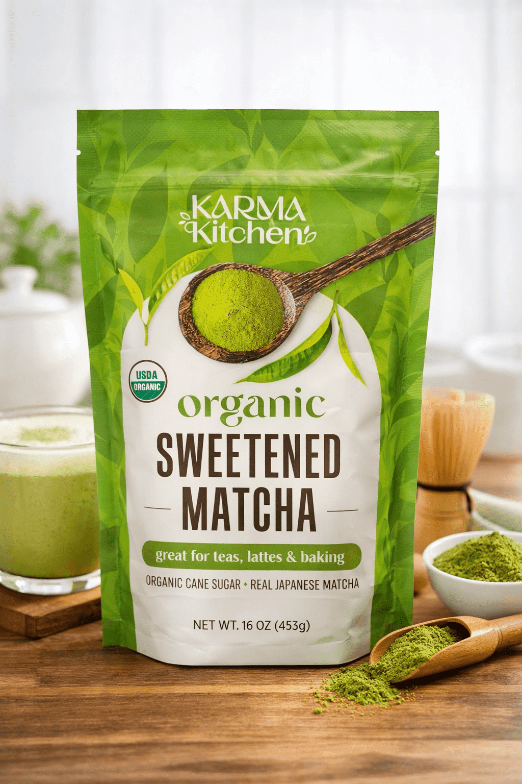Karma Kitchen Organic Sweetened Matcha Green Tea Powder, USDA Organic, Japanese Matcha with Cane Sugar, Great for Lattes, Teas & Baking, 16 oz