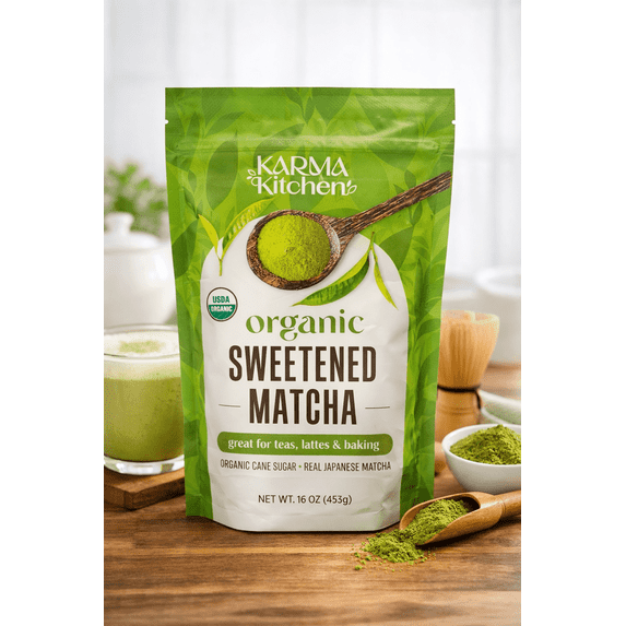 Karma Kitchen Organic Sweetened Matcha Green Tea Powder, USDA Organic, Japanese Matcha with Cane Sugar, Great for Lattes, Teas & Baking, 16 oz