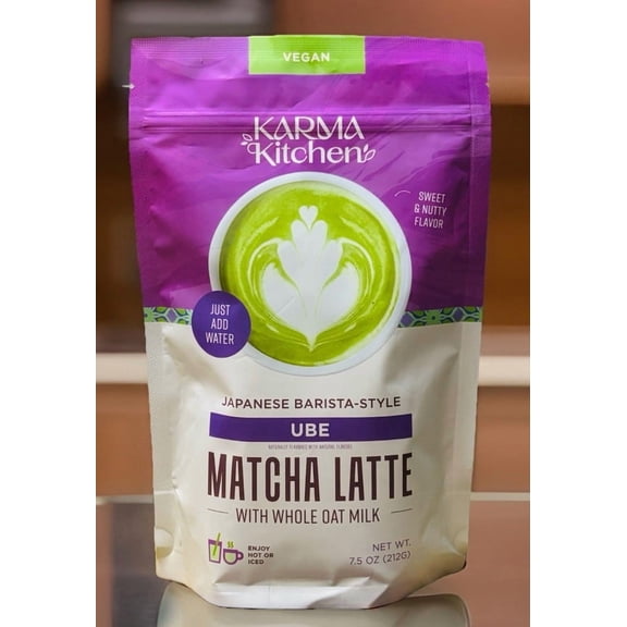 Karma Kitchen Ube Matcha Latte Mix with Whole Oat Milk, Japanese Barista-Style, Vegan, Just Add Water, Sweet & Nutty Flavor, 7.5 oz