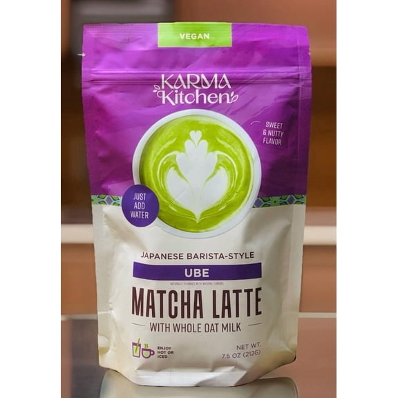 Karma Kitchen Ube Matcha Latte Mix with Whole Oat Milk, Japanese Barista-Style, Vegan, Just Add Water, Sweet & Nutty Flavor, 7.5 oz