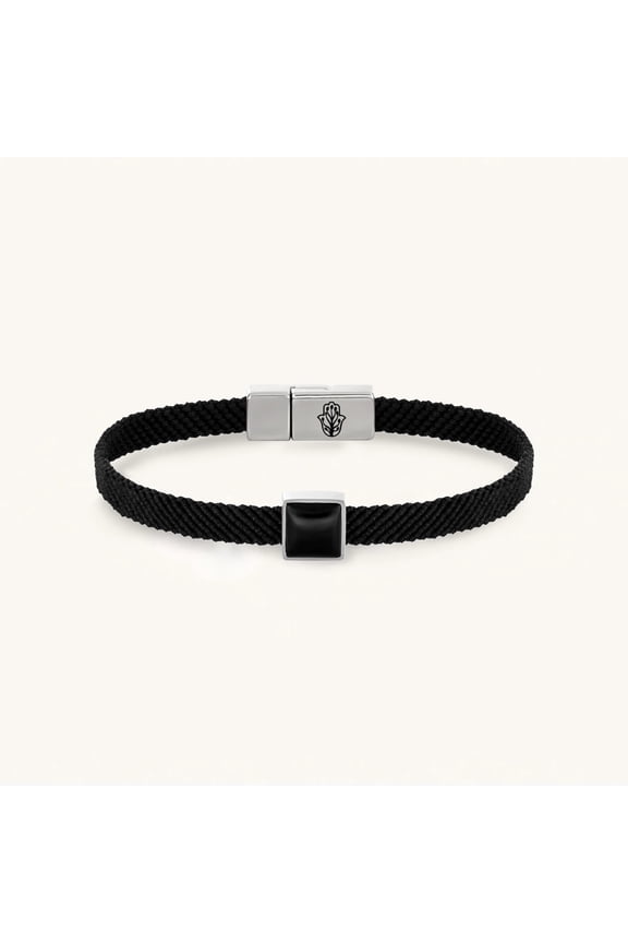 Black Macrame & Onyx Hamsa Hand & Evil Eye Magnetic Bracelet for Men – Healing & Protection Jewelry with Rhodium-Plated Brass Charm – String Bracelet | M: 7.5”