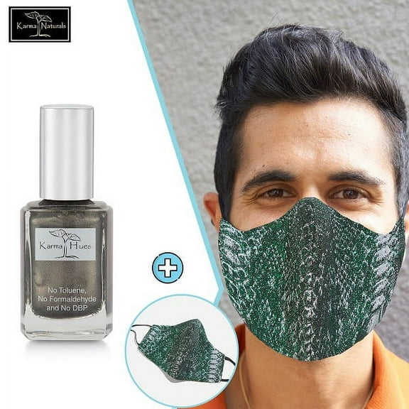 Karma Naturals Nail Polish - Non-Toxic with Matching Fashion Face Mask Breathable Washable Reusable Face Cover for Men & Women (Iridescent Emerald Python Mask)