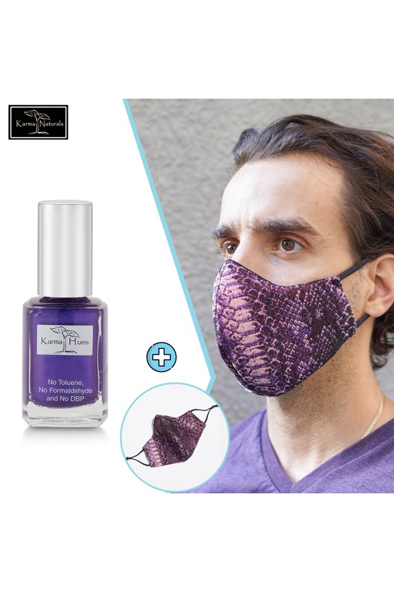 Karma Naturals Nail Polish - Non-Toxic with Matching Fashion Face Mask Breathable Washable Reusable Face Cover for Men & Women (Iridescent Purple Python Mask)