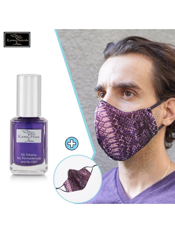 Karma Naturals Nail Polish - Non-Toxic with Matching Fashion Face Mask Breathable Washable Reusable Face Cover for Men & Women (Iridescent Purple Python Mask)