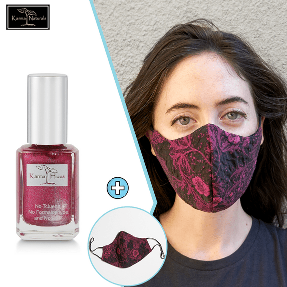 Karma Naturals Nail Polish - Non-Toxic with Matching Fashion Face Mask Breathable Washable Reusable Face Cover for Men & Women (Megenta Floral Lurex Mask)