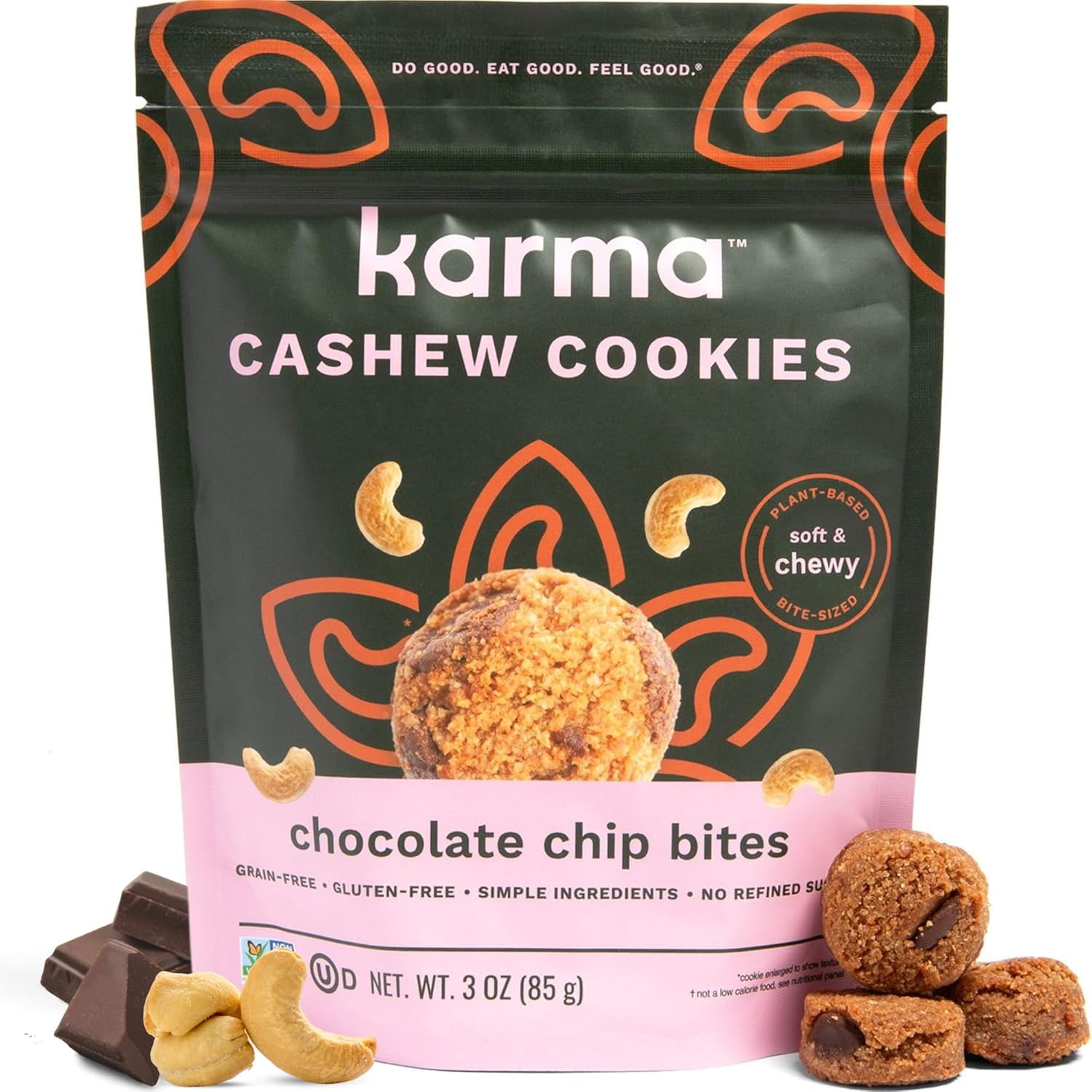 Karma Nuts Chocolate Chip Cashew Cookie Bites - 3 oz (Pack of 3) Gluten-Free Cookies, Non-GMO Flavored Cashews cookie, Soft & Chewy Grain-Free, Healthy Snacks for Adults, Vegan Snacks