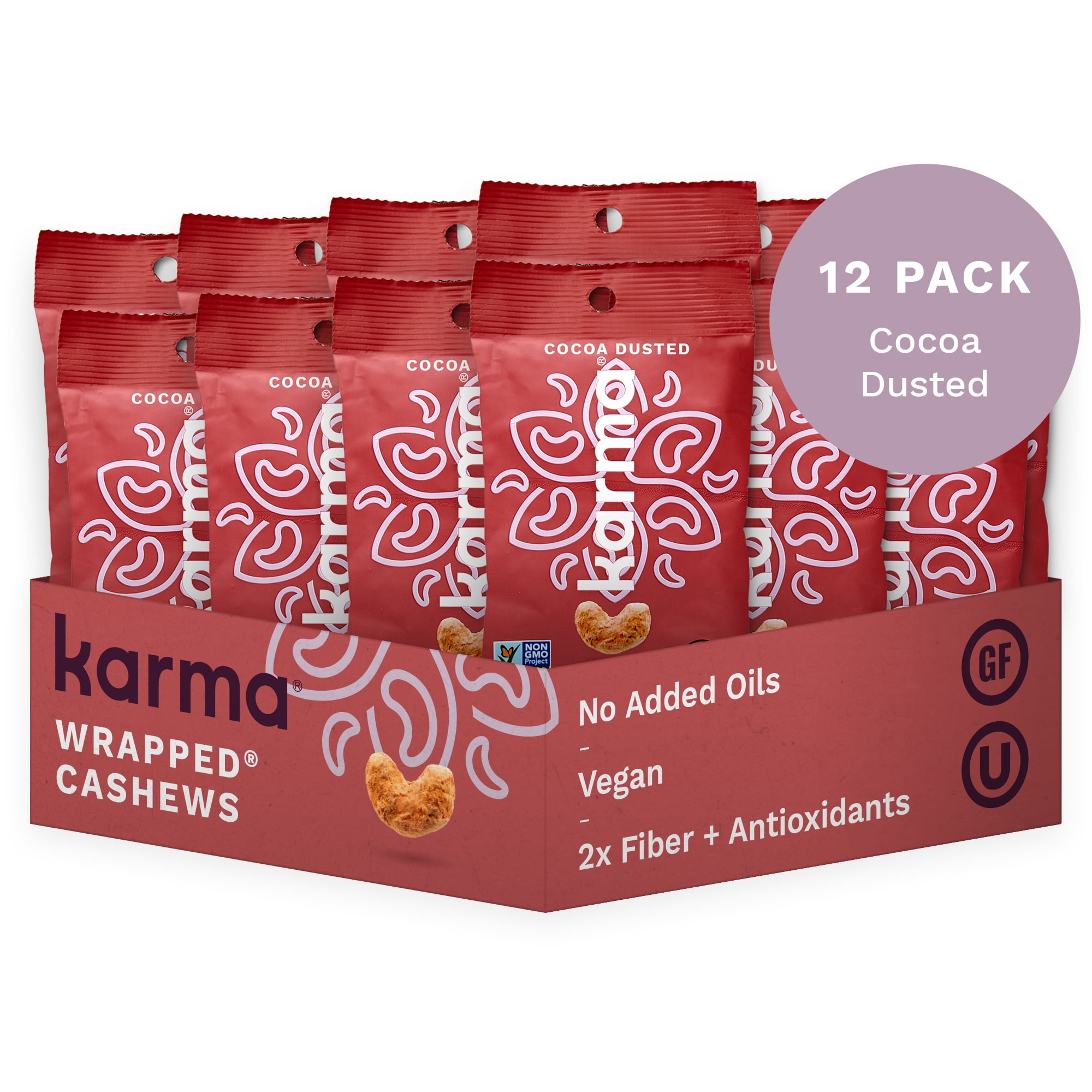 Karma Nuts Cocoa Dusted Wrapped Cashews Air Roasted with Natural Skins, 1.5 oz Pack of 12