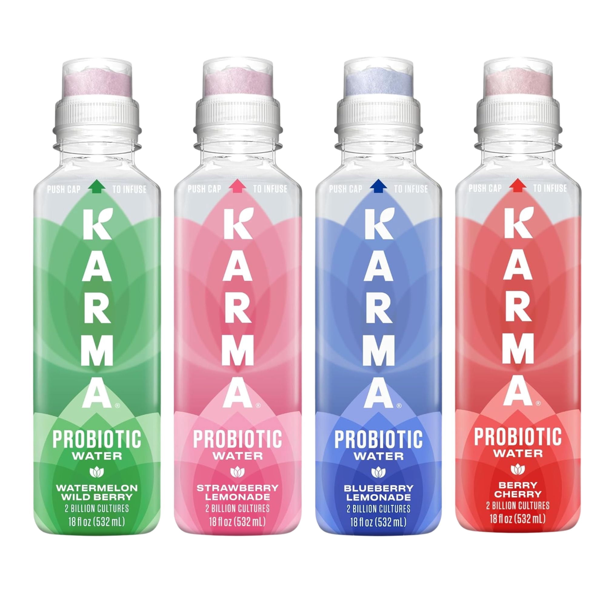 Karma Probiotic Water 12‑Bottle Variety Pack – 4 Flavors – Push‑Cap Vitamins, 2 Billion Cultures, 18 fl oz Bottles
