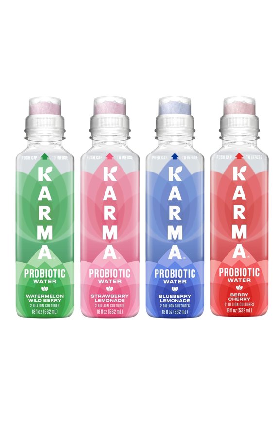 Karma Probiotic Water 12Bottle Variety Pack 4 Flavors PushCap Vitamins, 2 Billion Cultures, 18 fl oz Bottles