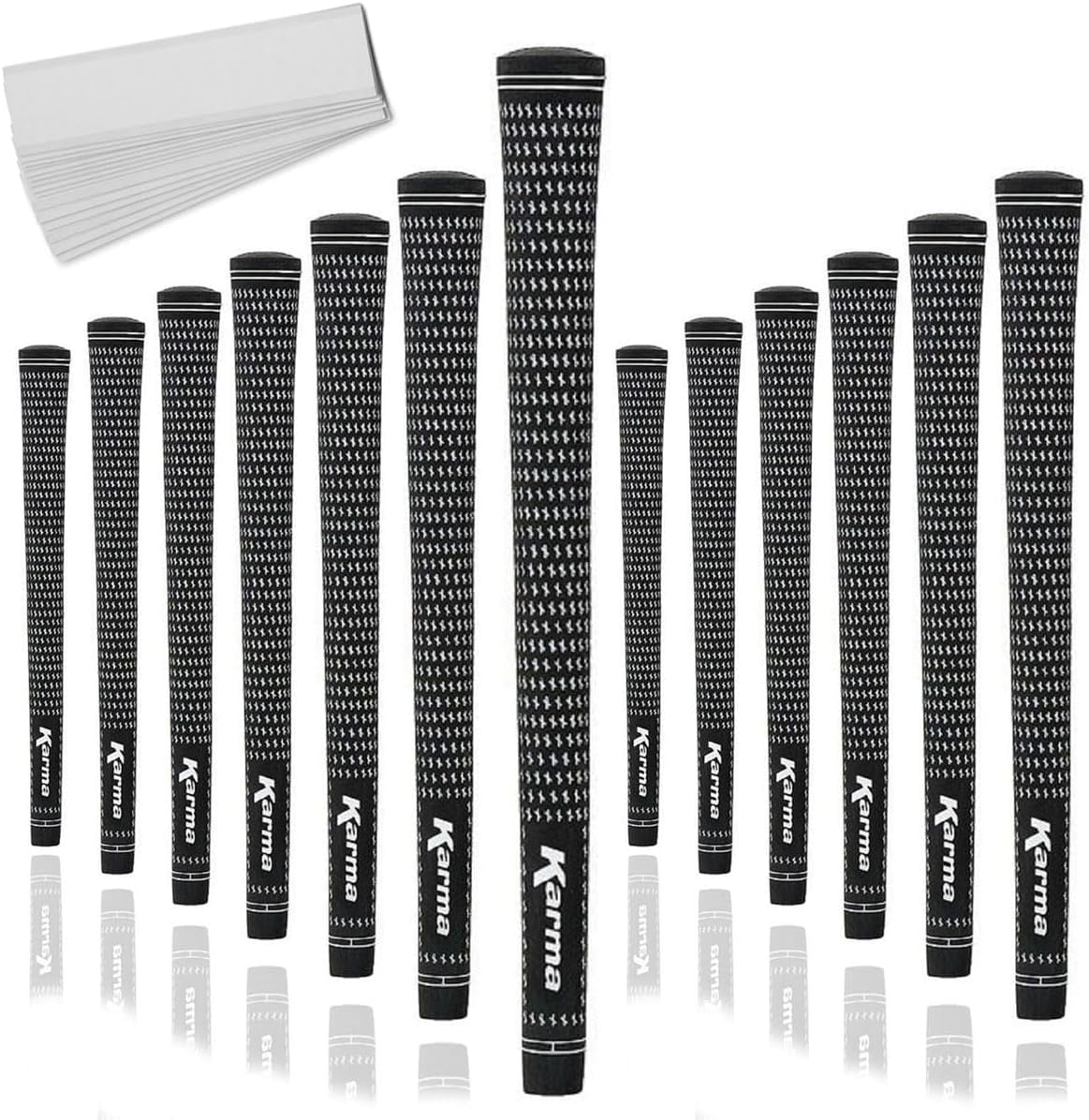 Karma Velour Black/White Midsize (+1/32”) Golf Grips, 13 Piece Set with 13 Tape Strips