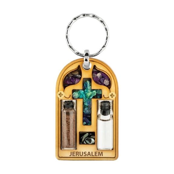 Karma and Luck Holy Cross Keychain 2 Inch Christian Key Chain with Amethyst Turquoise Stones Faith Gift
