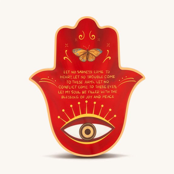 Karma and Luck Large Hamsa Wall Blessing Red Ceramic Wall Decor Evil Eye Butterfly Symbol Home Accent Gift