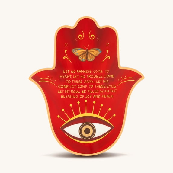 Karma and Luck Large Hamsa Wall Blessing Red Ceramic Wall Decor Evil Eye Butterfly Symbol Home Accent Gift