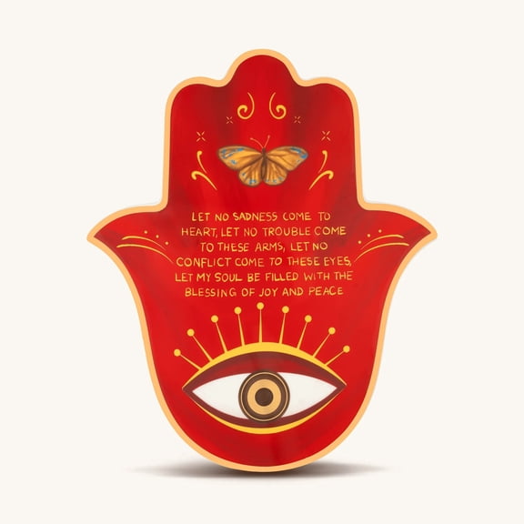Karma and Luck Large Hamsa Wall Blessing Red Ceramic Wall Decor Evil Eye Butterfly Symbol Home Accent Gift