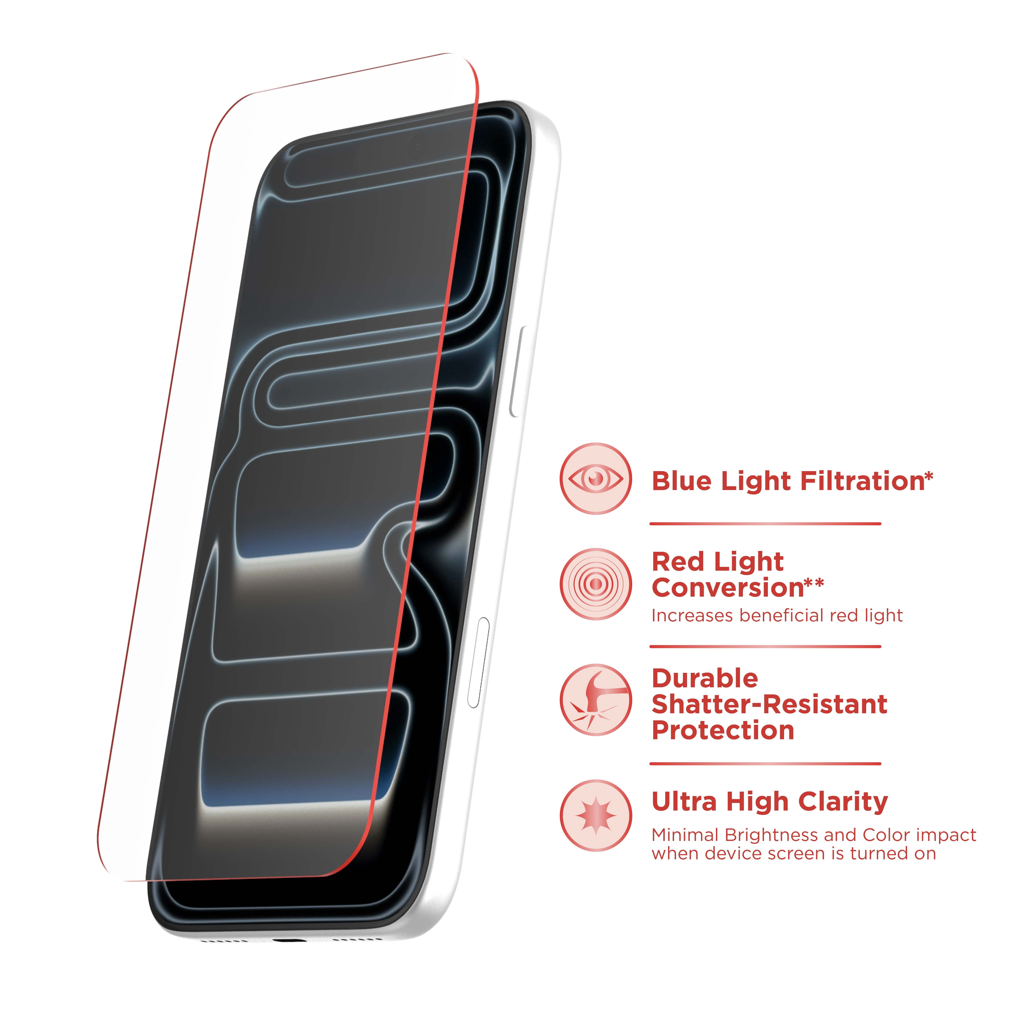 Karma by Body Glove Screen Protector with Red Light Conversion for iPhone 18 Pro / 17 Pro with Easy Application Tray