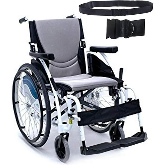 Karman Healthcare S-Ergo115F18WS Ultralight White Wheelchair, Frame Color Alpine White Special Edition, Seat Width: 18"x17", Silver 1/4" Aegis Upholstery & Free Black Seatbelt!