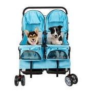 Karmas Product Double Pet Stroller Foldable Doggy Stroller Two-Seater Carrier Strolling Cart for Dog Cat, Blue