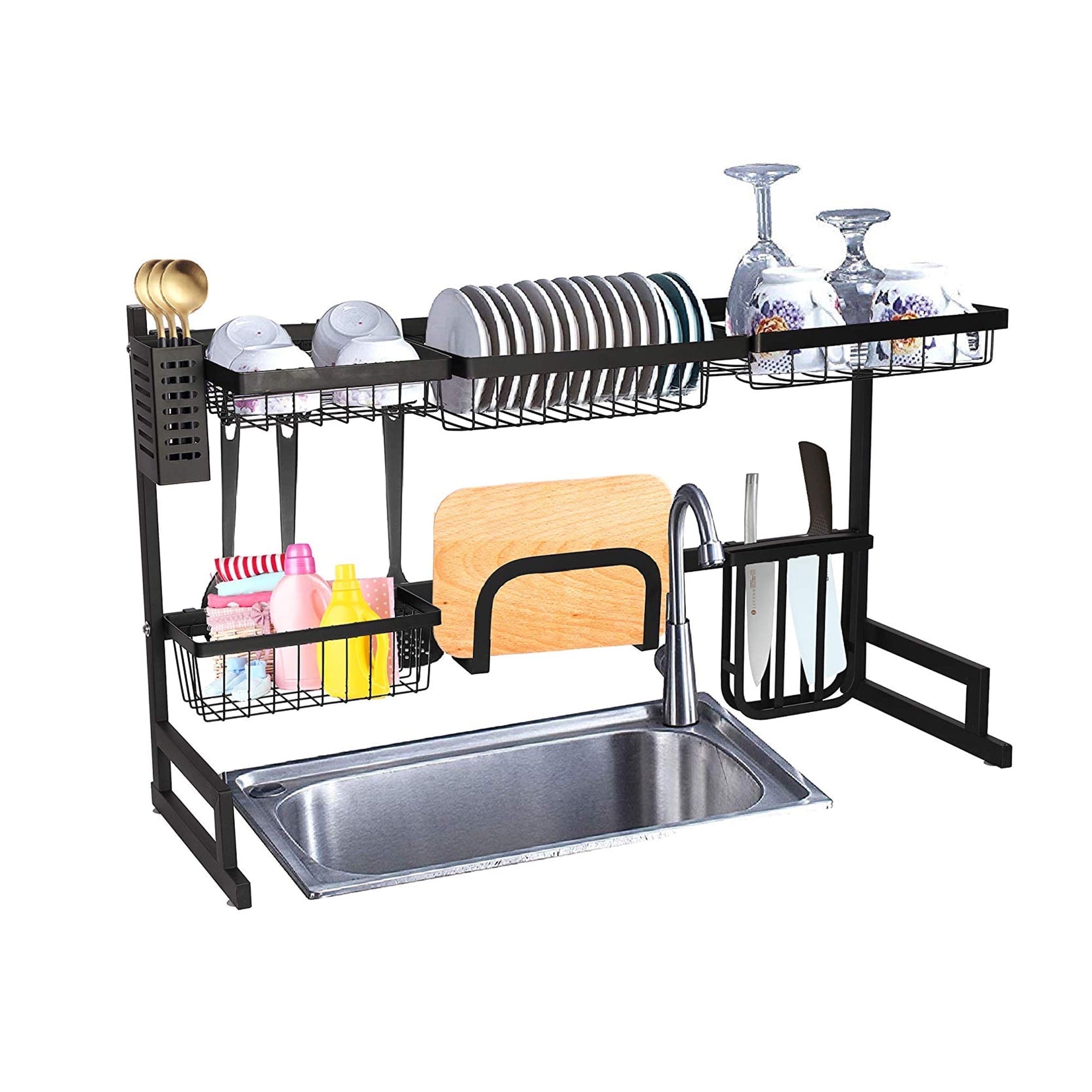 Black Stainless Steel Over Sink Dish Drying Rack with Utensil Holders