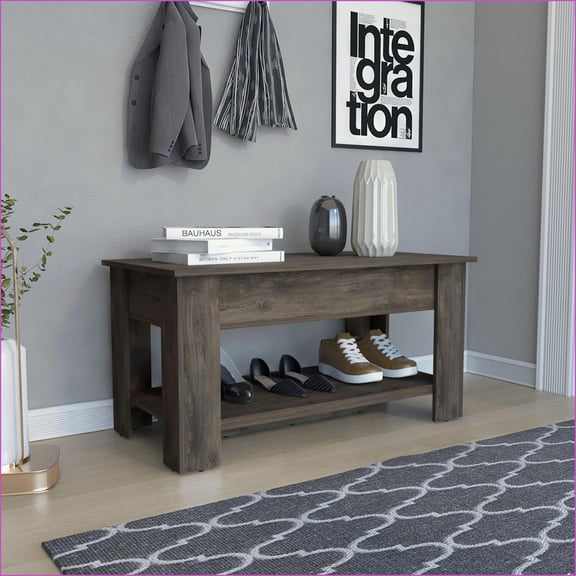 Karmen Storage Table with Liftable Lid, 1 Shelf & Shoe Rack – Dark Brown | Brown | Particle Board