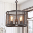 thumbnail image 1 of Karmiqi 4-Light Industrial Pendant Light Fixture Bulbs Included, Vintage Farmhouse Black Metal Cage Hanging Ceiling Light, Drum Chandelier with Adjustable Chain for Kitchen Island Dining Room, 1 of 7
