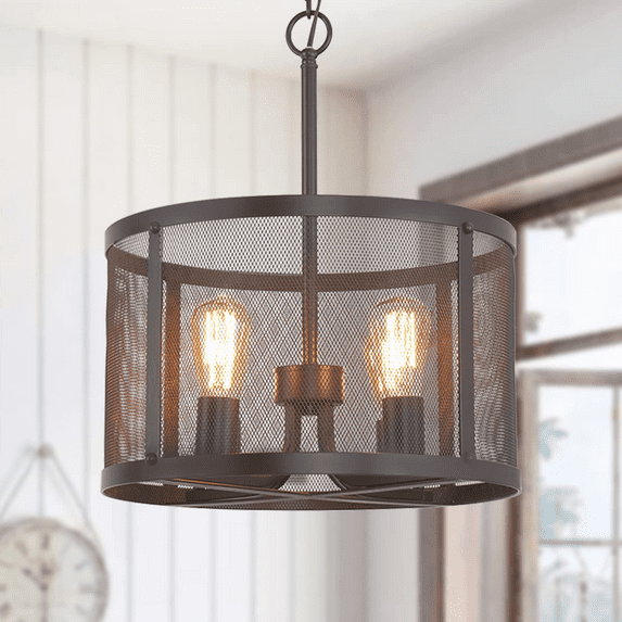 Karmiqi 4-Light Industrial Pendant Light Fixture Bulbs Included, Vintage Farmhouse Black Metal Cage Hanging Ceiling Light, Drum Chandelier with Adjustable Chain for Kitchen Island Dining Room