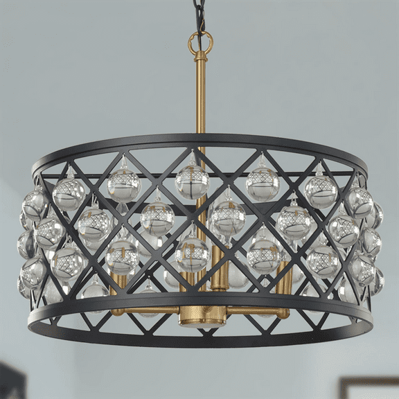 Karmiqi Crystal Chandelier, 17.8" 4-Lights Modern Farmhouse Chandelier with Adjustable Chain, Black Industrial Crystal Pendant Light Fixtures for Kitchen Island Dining Room Entryway Bedroom